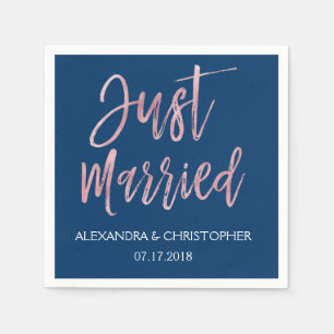 Just Married Navy Blue und Rose Gold Foil Napkins Serviette