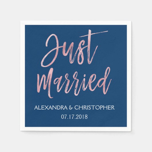 Just Married Navy Blue und Rose Gold Foil Napkins Serviette (Vorderseite)