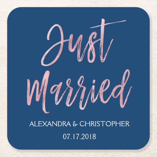 Just Married Navy Blue und Rose Gold Foil Unterset Rechteckiger Pappuntersetzer (Vorderseite)