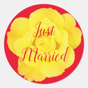 Just Married Neuverheiratet Hochzeitsgelb Rose far Runder Aufkleber