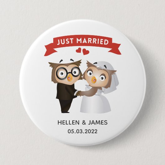 Just Married Owl Hochzeit Button (Vorderseite)
