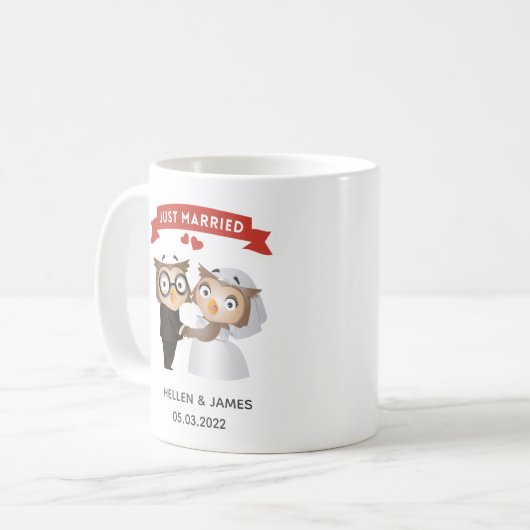 Just Married Owl Hochzeit Kaffeetasse (Vorderseite Links)