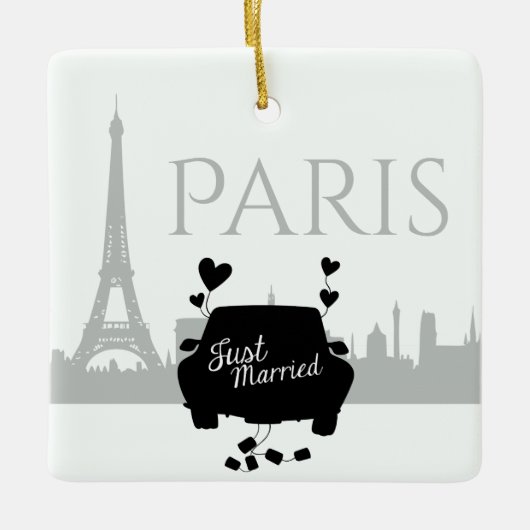 Just Married Paris Eiffel Tower Couple Weihnachten Keramikornament (Vorderseite)