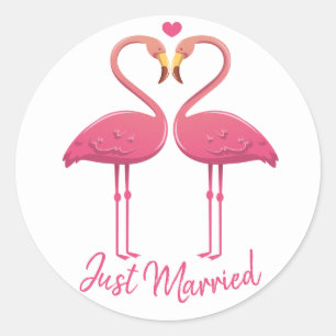Just Married Pink Flamingo Tropical Beach Hochzeit Runder Aufkleber