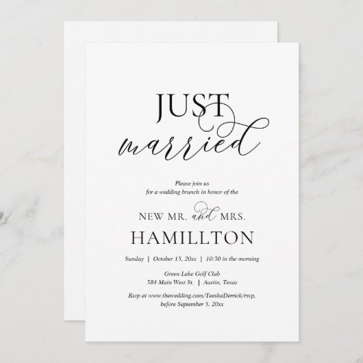 Just Married, Post Hochzeit Brunch Elopement, Mari Einladung (Vorne/Hinten)