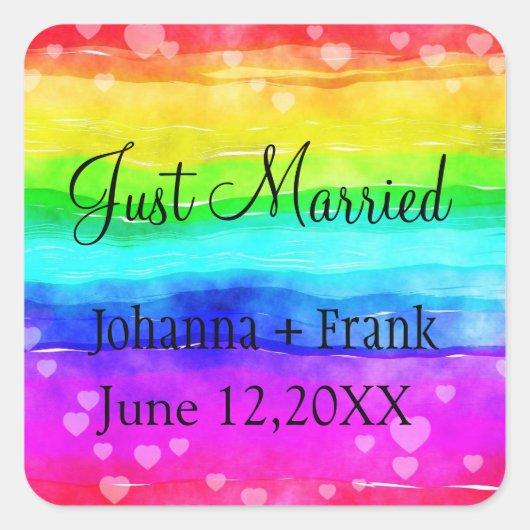 Just Married Rainbow Quadratischer Aufkleber (Vorderseite)