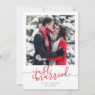 Just Married Red Script Foto Weihnachten Hochzeit Ankündigung