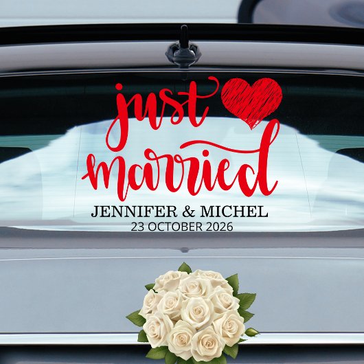 Just Married romantic red script wedding car Fensteraufkleber
