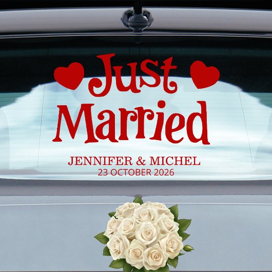 Just Married romantic red script wedding car Fensteraufkleber
