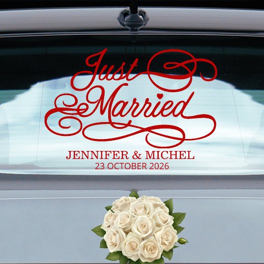 Just Married romantic red script wedding car Fensteraufkleber