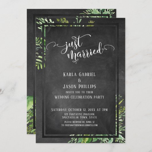 Just Married Script Greenery Bouquet & Chalkboard Einladung (Vorne/Hinten)