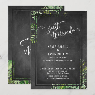 Just Married Script Greenery Bouquet & Chalkboard Einladung