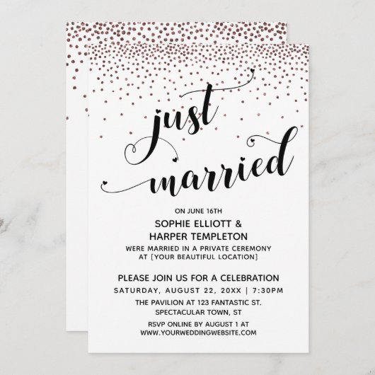 Just Married Script Rose Gold Confetti Empfang Einladung (Vorne/Hinten)