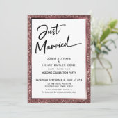 Just Married Script Rose Gold Glitzer Empfang Einladung (Stehend Vorderseite)