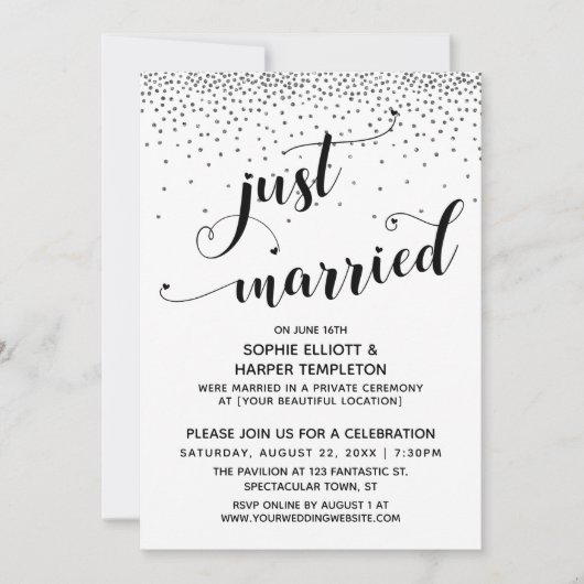 Just Married Script Silver Confetti Empfang-Only Einladung (Vorderseite)
