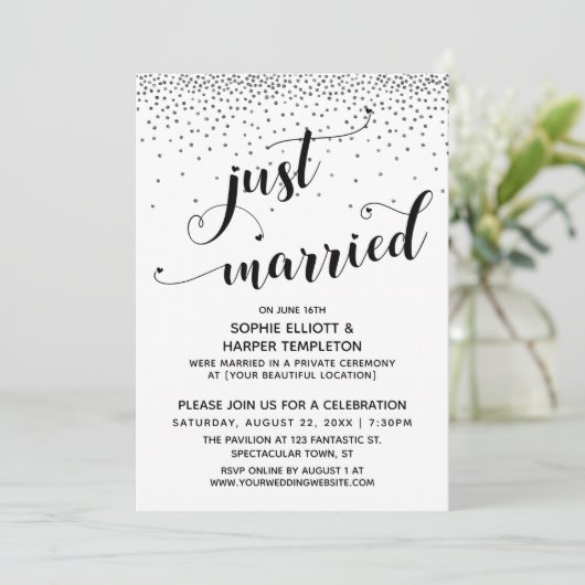 Just Married Script Silver Confetti Empfang-Only Einladung (Stehend Vorderseite)