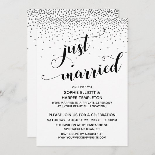 Just Married Script Silver Confetti Empfang-Only Einladung (Vorne/Hinten)