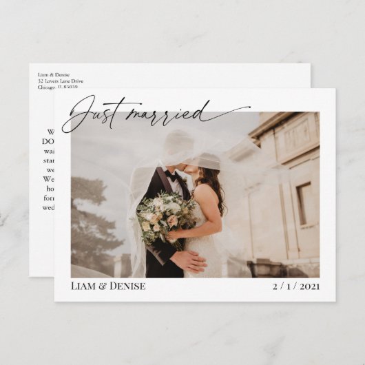Just Married Script Wedding Ankündigung Elopement Postkarte (Vorne/Hinten)