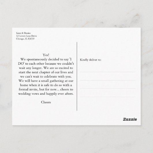 Just Married Script Wedding Ankündigung Elopement Postkarte (Rückseite)