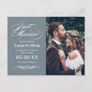 Just Married Slate Gray Elegantes Hochzeitsfest Fo Ankündigungspostkarte