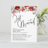 Just Married Typografy Burgundy Red Floral Einladung (Stehend Vorderseite)