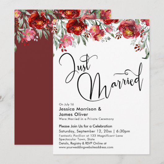 Just Married Typografy Burgundy Red Floral Einladung (Vorne/Hinten)