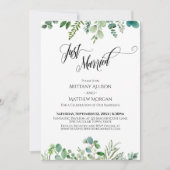 Just Married Typografy Eukalyptus Greenery Einladung (Vorderseite)