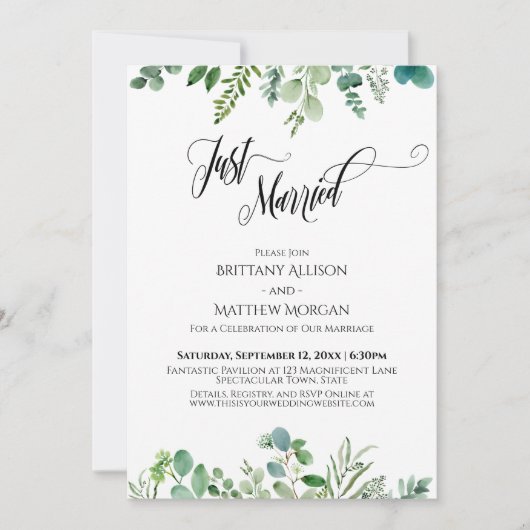 Just Married Typografy Eukalyptus Greenery Einladung (Vorderseite)