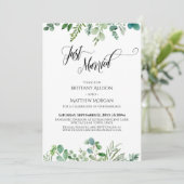 Just Married Typografy Eukalyptus Greenery Einladung (Stehend Vorderseite)