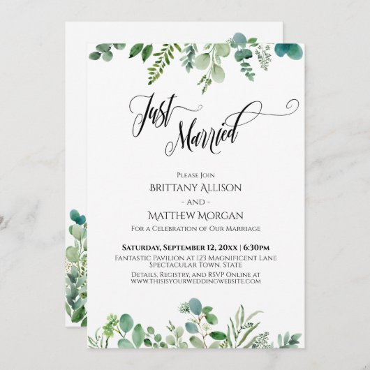 Just Married Typografy Eukalyptus Greenery Einladung (Vorne/Hinten)