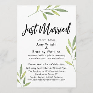 Just Married Typografy Green Watercolor Foliage Einladung