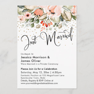 Just Married Typography Blush Floral Gold Confetti Einladung