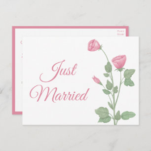 Just Married Watercolor Pink Floral Hochzeit Ankündigungspostkarte
