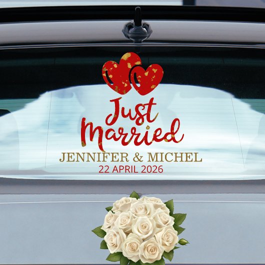 Just Married Wedding Car Window Cling with Hearts Fensteraufkleber