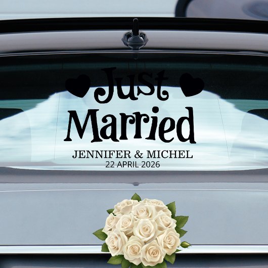 Just Married Wedding Car Window Cling with Hearts Fensteraufkleber