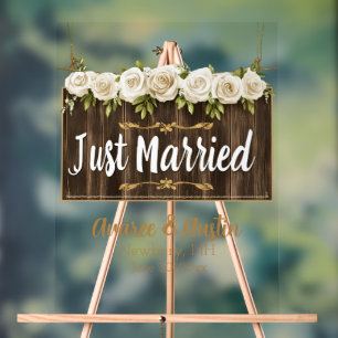 Just Married Wood Sign White Roses Acrylschild