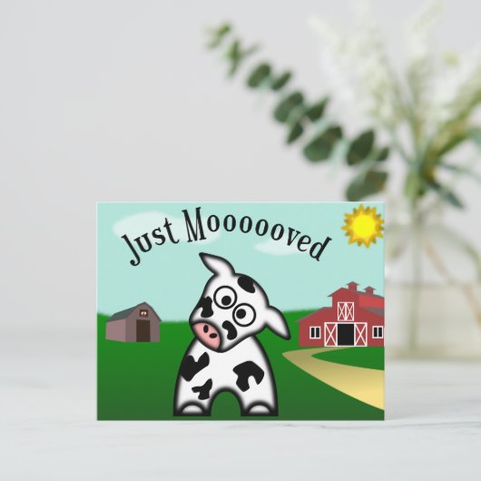 Just Moooved Postkarte (Stehend Vorderseite)