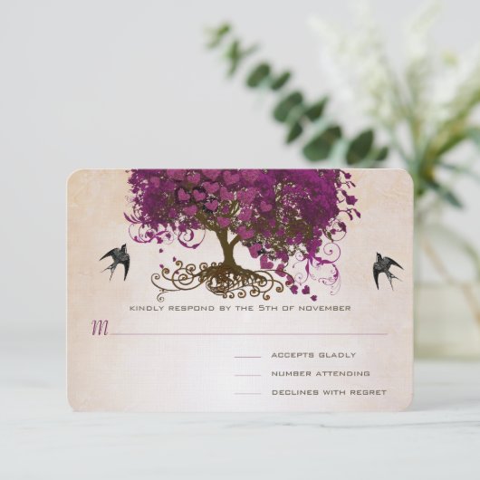 Just Peachy Sangria Herz Leaf Tree Wedding RSVP (Stehend Vorderseite)