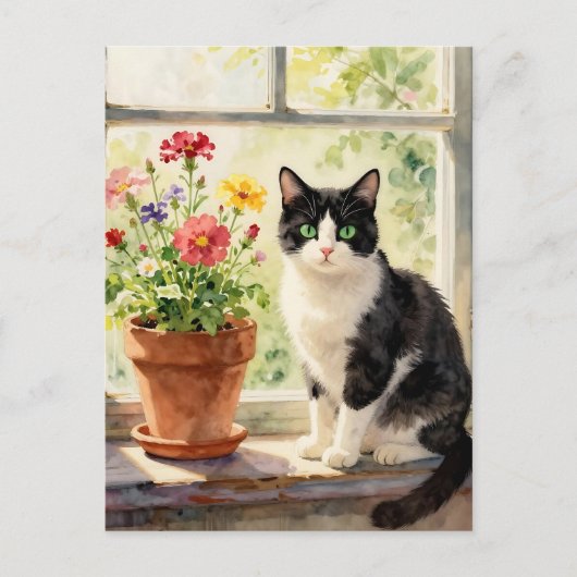 Just Saying Hi | Cat and Flower Themed Postkarte (Vorderseite)