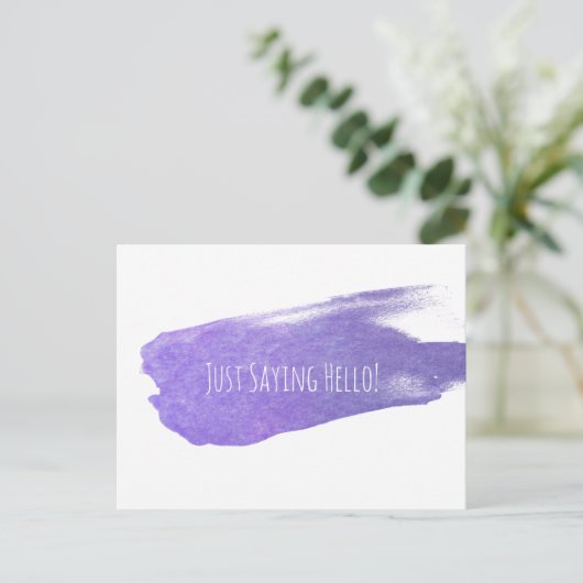 Just Sprichwort Hello mit Lila Pinselstrich Postkarte (Stehend Vorderseite)