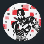 Justice League | Cyborg Digital Noir Pop Art Große Wanduhr<br><div class="desc">Check out this noir style comic art of Justice League's Cyborg,  standing with his cybernetic cannon at the ready. This black and white graphic is offset by his red cybernetic enhancements and red digital squares in the background.</div>