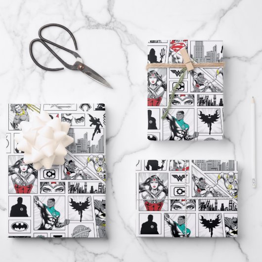 Justice League Heldentafel-Muster Geschenkpapier Set (Vorderseite)