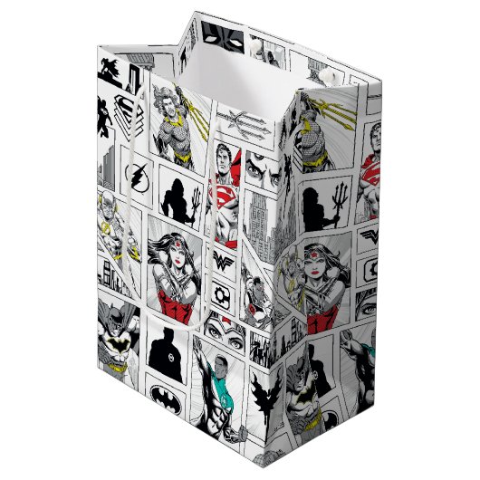 Justice League Heldentafel-Muster Mittlere Geschenktüte (Vorderseite Schrägansicht)