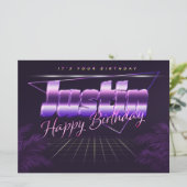 Justin Name Vorname lila retro Karte Geburtstag (Stehend Vorderseite)