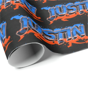 Justin Vorname Name Graffiti blue orange Geschenkpapier