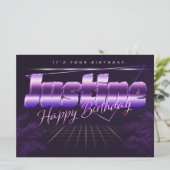 Justine Name Vorname lila retro Karte Geburtstag (Stehend Vorderseite)