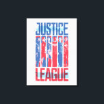 Justizielle Liga | Pop der Blue & Red Group Art Leinwanddruck<br><div class="desc">Diese patriotische Gerechtigkeitsliga Grafik ist in blau und rot gestrichen,  die Mitglieder der Liga in abwechselnden Farbstreifen in der Mitte des Gerechtigkeitsliga-Film-Logos gestellt.</div>