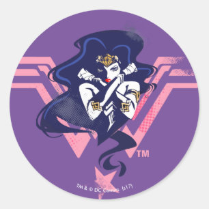 Justizielle Liga   Wonder Woman & Symbol Pop Art Runder Aufkleber
