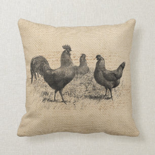 Jute-Hahn-Schriftzug im Vintage-Stil Kissen