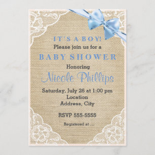 Jute-Lace- und Blaues Schleifen-Baby-Party-Einladu Einladung